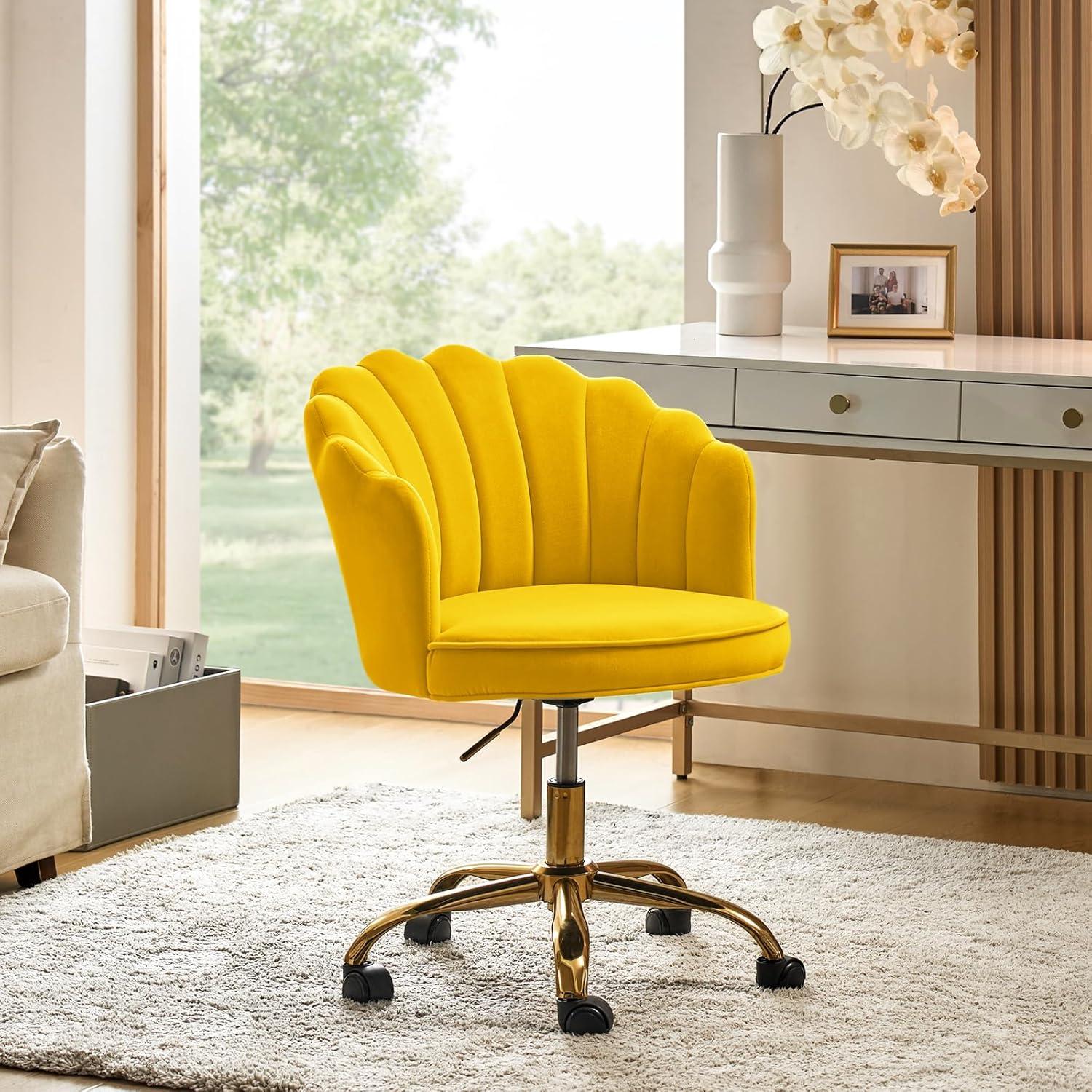 HULALA HOME Velvet Home Office Desk Chair, Modern Shell Back Makeup Vanity Chair with Wheels, Swivel Height Adjustable Cute Task Chair for Women Girls, Yellow