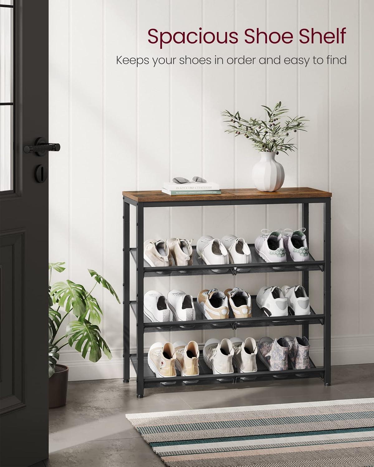 Rustic Brown and Black 4-Tier Wood and Metal Shoe Rack