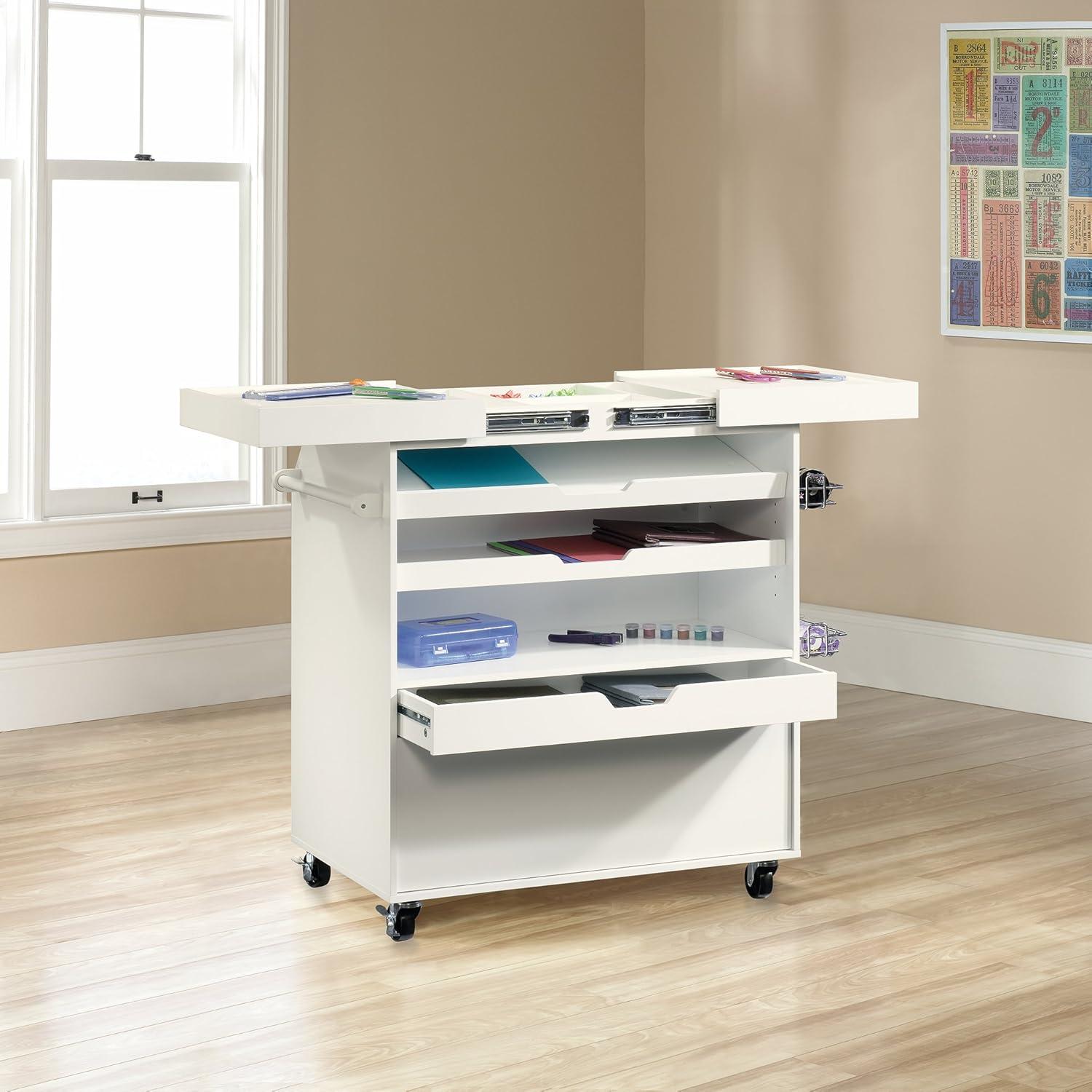 Soft White Multi-Functional Craft Storage Cart with Adjustable Shelves