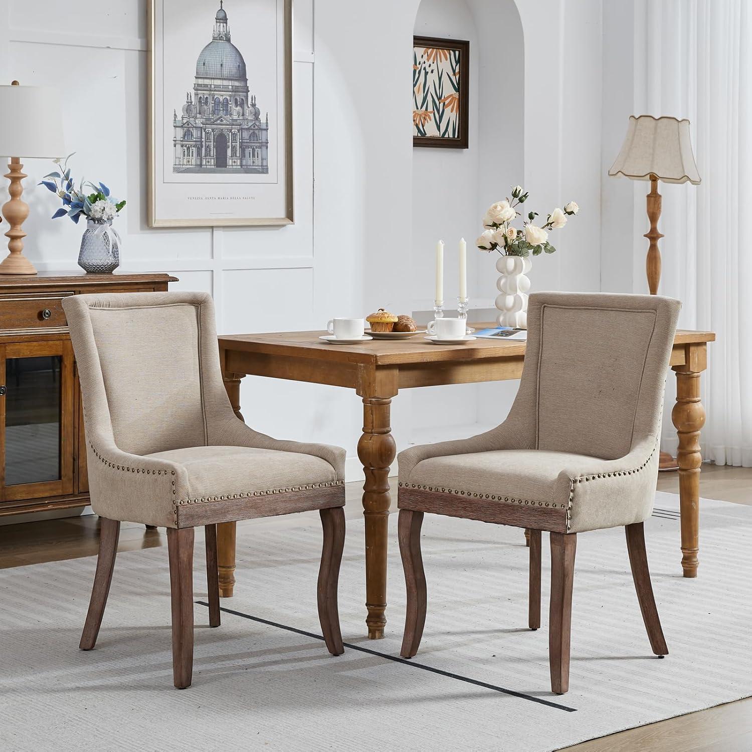 Beige Upholstered Linen Side Chair with Wood Legs, Set of 2