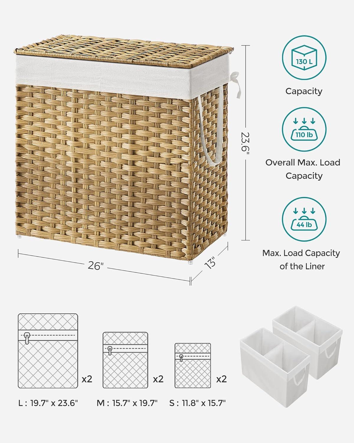 Natural Wicker Double Section Laundry Hamper with Lid