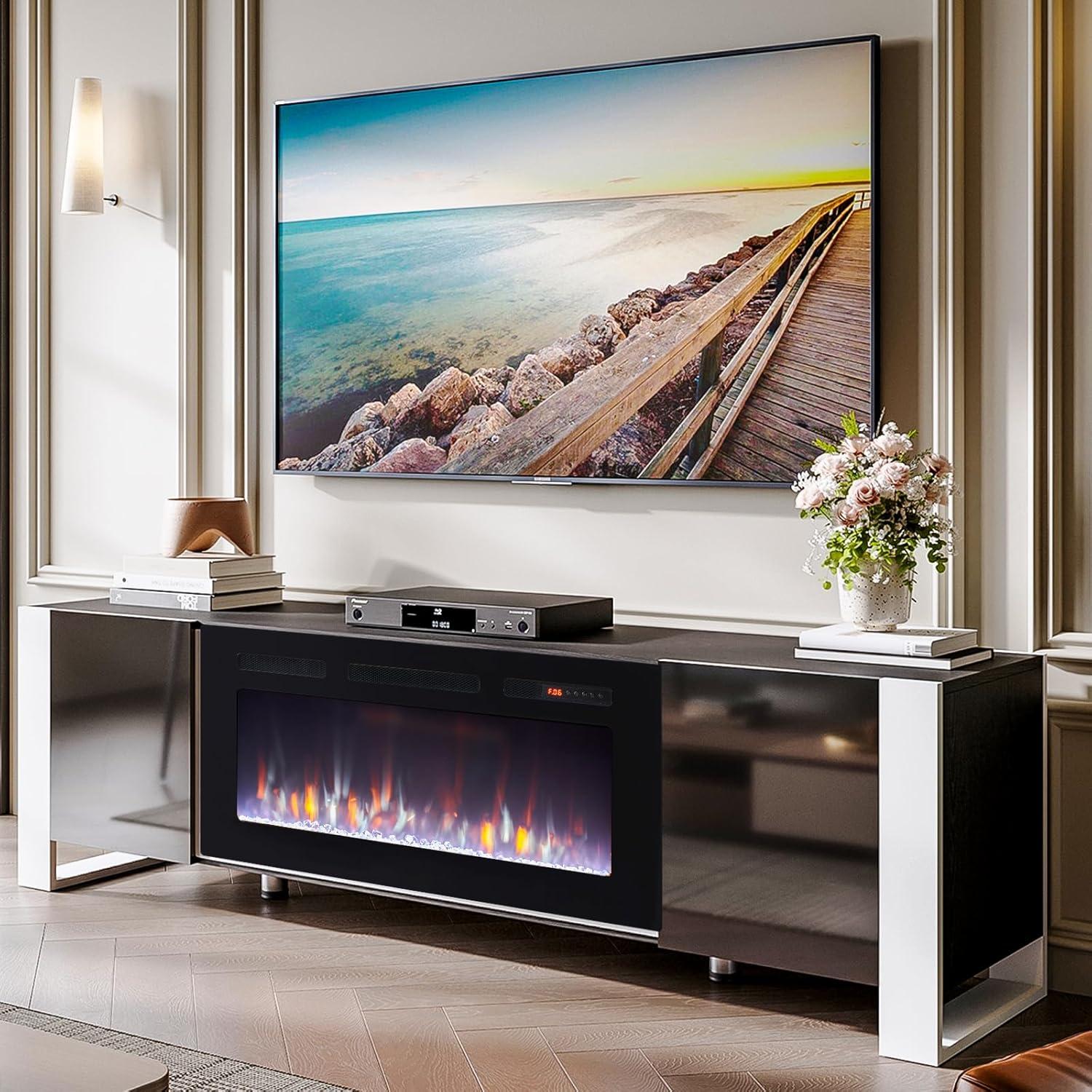 oneinmil Fireplace TV Stand with 36" Electric Fireplace, LED Light Entertainment Center, Modern Wood Texture Entertainment Stand with Highlight Storage Cabinet for TVs Up to 80", 70 inches, Black