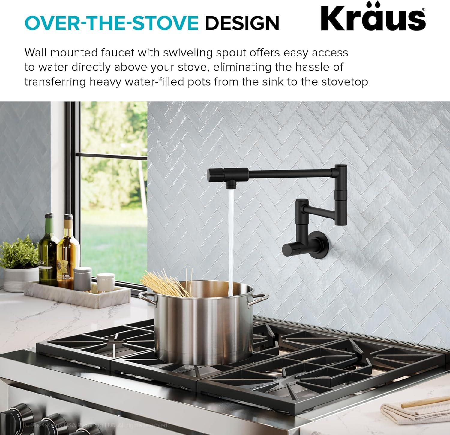 KRAUS Bolden 2 Handle Pot Filler Faucet With Retractable Arm, Wall Mount Kitchen Faucet, Pot Filler For Over Stove