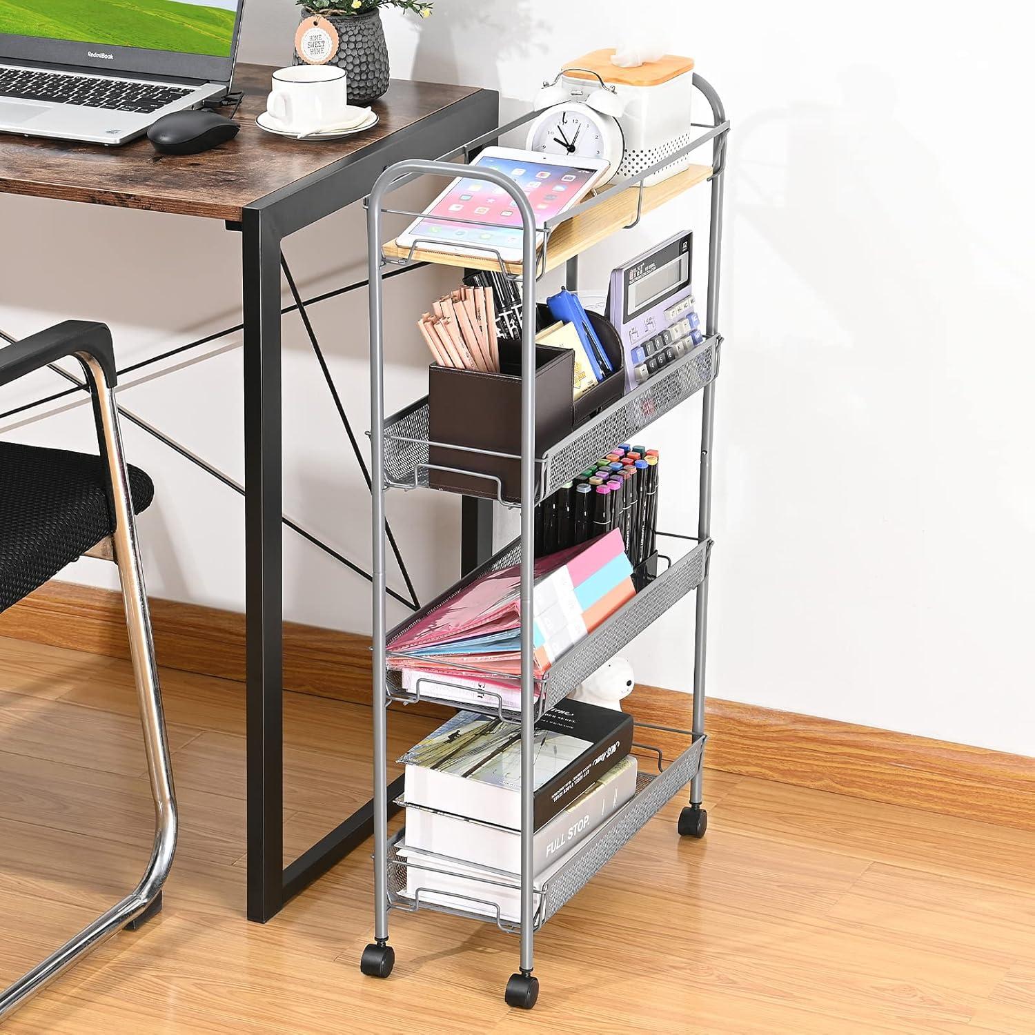 Slim 4-Tier Gray Metal Rolling Cart with Wooden Top