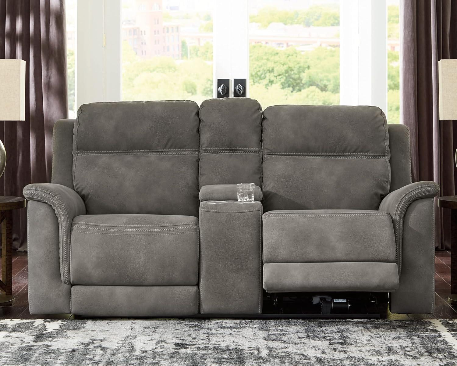 Slate Gray Faux Leather Power Reclining Loveseat with Cup Holder