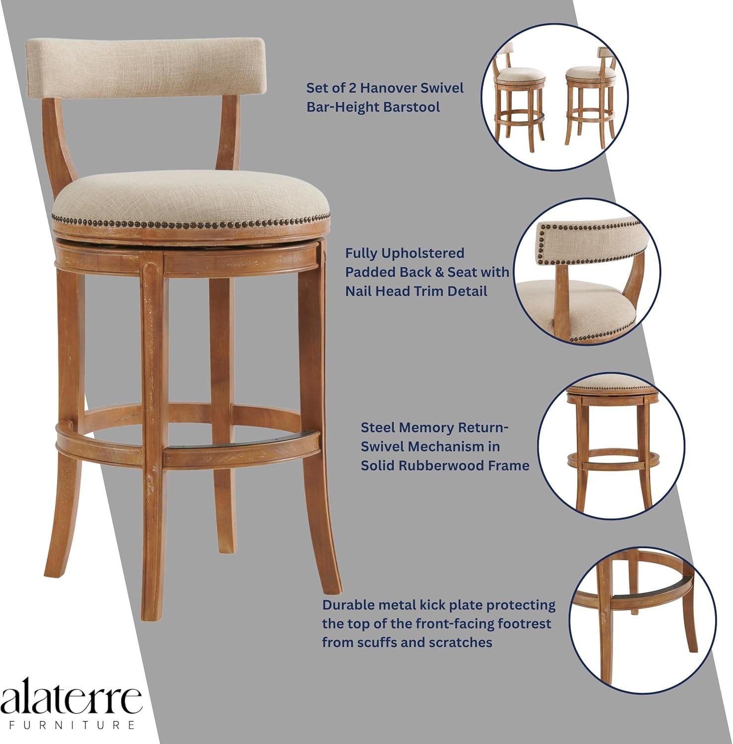 Alaterre Hanover Swivel Bar Height Stool, Weathered Brown and Beige, Solid Rubberwood Frame with Faux Linen Upholstered Seat, Nailhead Trim, Memory Return Swivel, 20 in. W x 22 in. D x 41 in. H