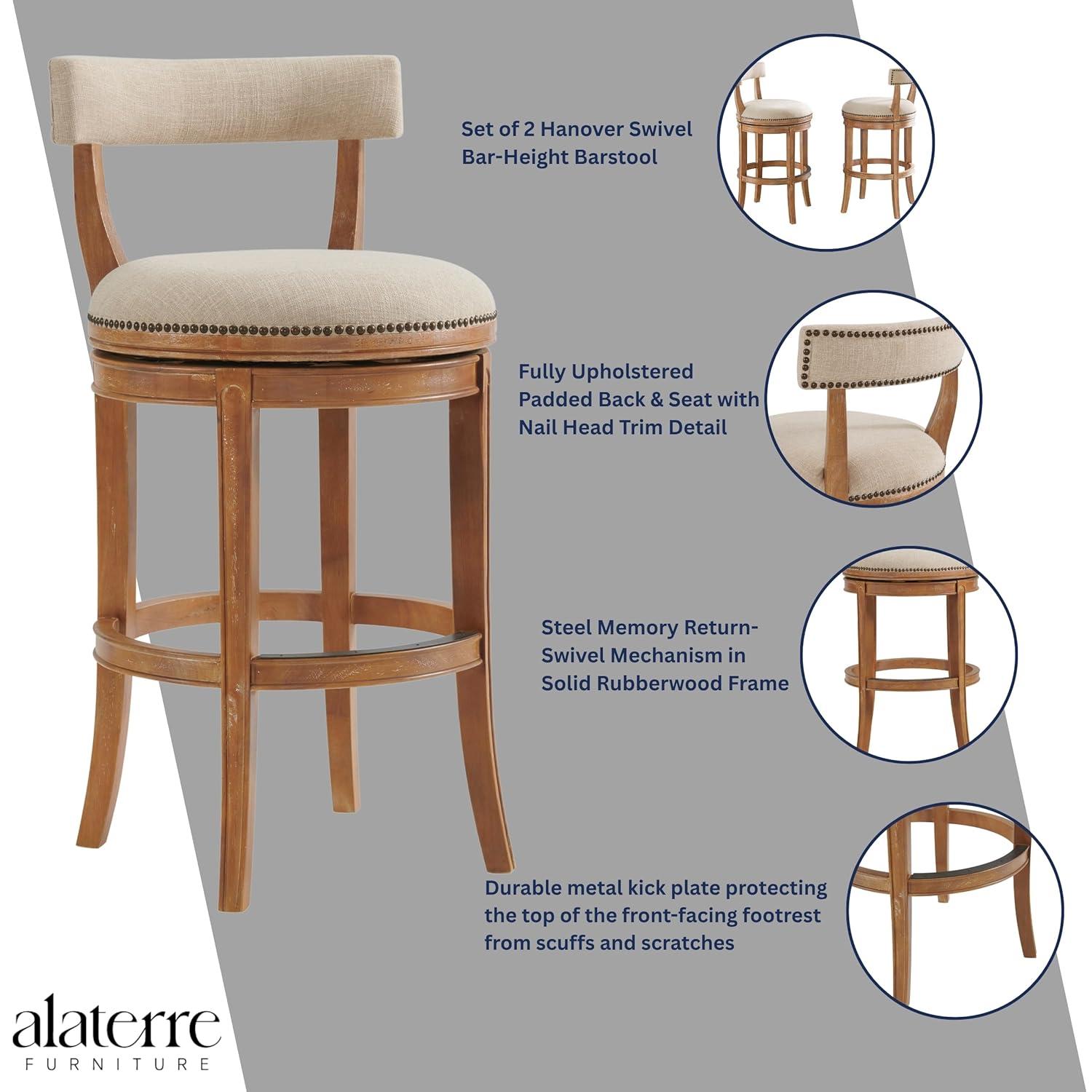 Alaterre Hanover Swivel Bar Height Stool, Weathered Brown and Beige, Solid Rubberwood Frame with Faux Linen Upholstered Seat, Nailhead Trim, Memory Return Swivel, 20 in. W x 22 in. D x 41 in. H