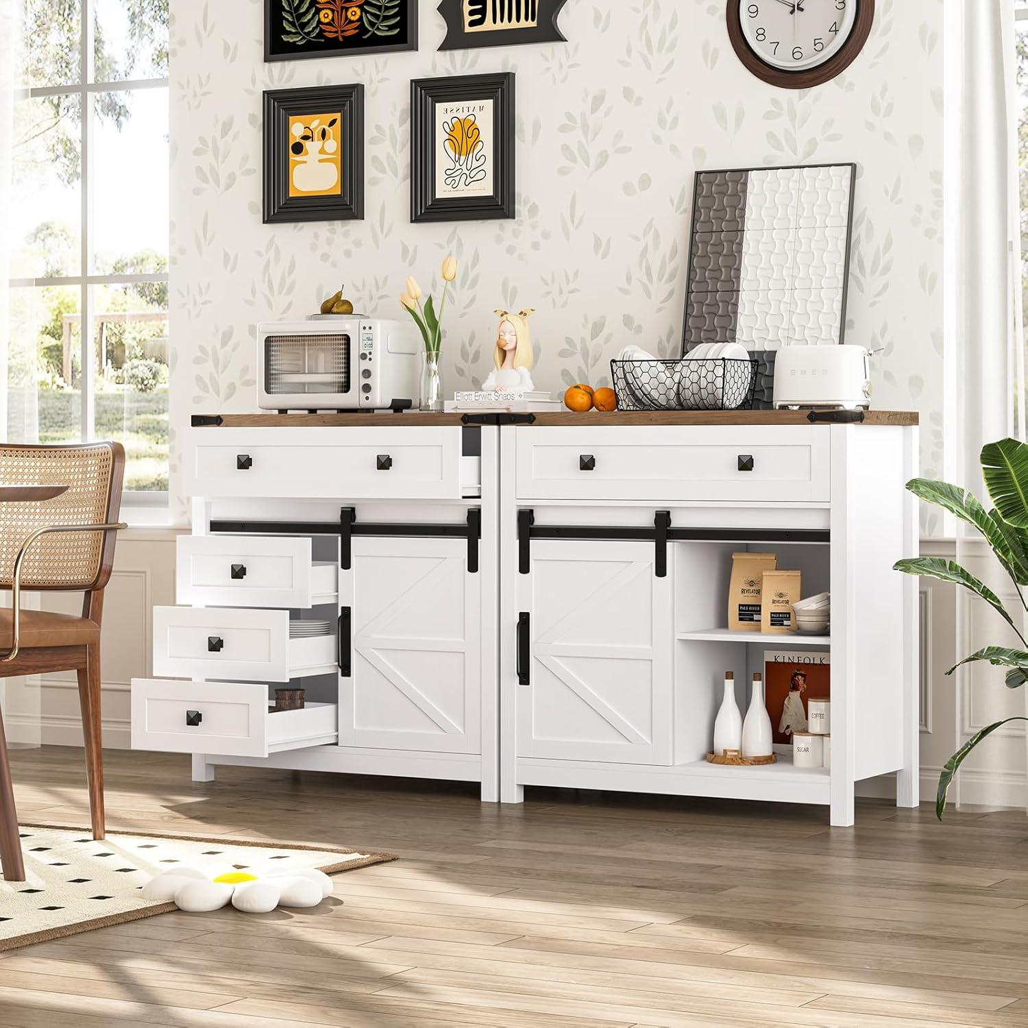 Farmhouse Storage Cabinet, Bathroom Cabinet with Sliding Barn Doors, Floor Storage Cabinet with Adjustable Shelves and 4 Drawers for Kitchen, Living Room, Dining Room, Modern White