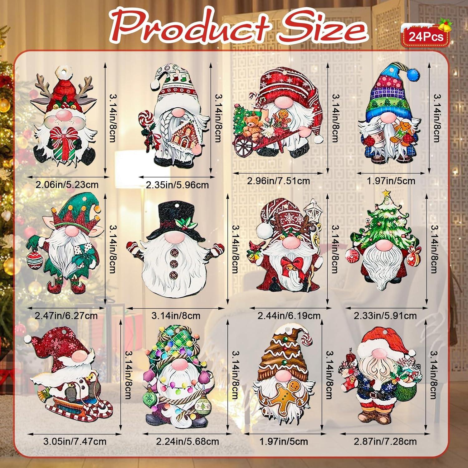24pcs Gnome Christmas Ornaments Set - Festive Decorations with Wooden Gnomes for Tree Adornments & Ultimate Holiday Celebration Accessories