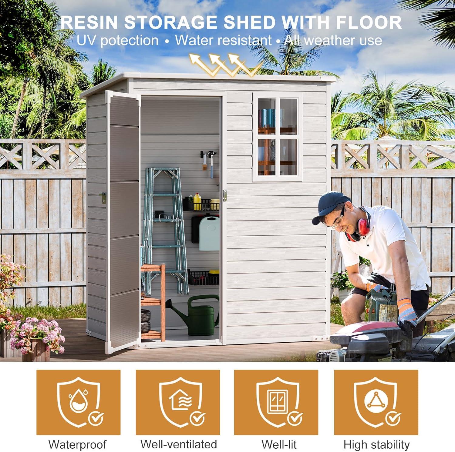 Gray Resin Outdoor Storage Shed with Window and Lockable Door