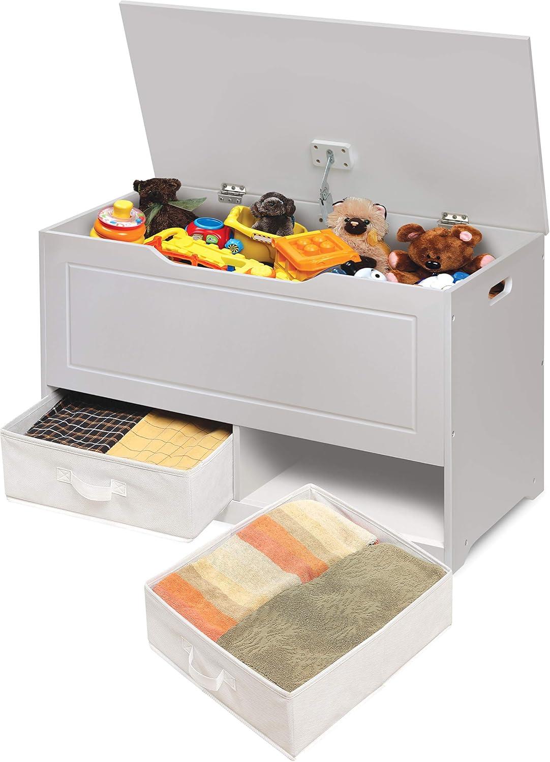 Badger Basket Up and Down Toy and Storage Box and Bench with Two Baskets - White