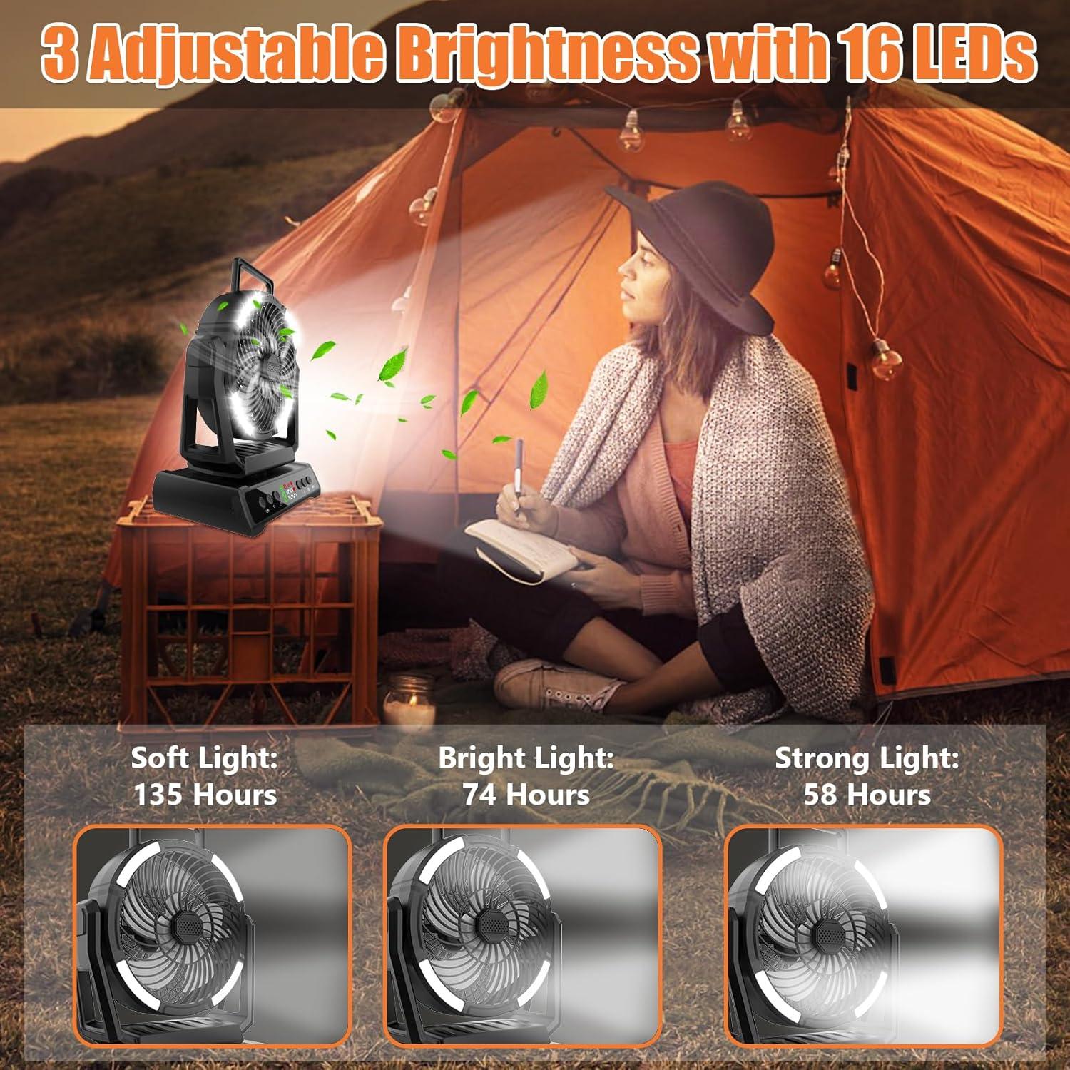 ayamaya Camping Fan, 20000mAh Rechargeable Tent Fan with Light, Remote, 9 Speeds Battery Powered Fans with Digital Display, Timer, Auto Oscillation & Hook for Camping, Outdoors