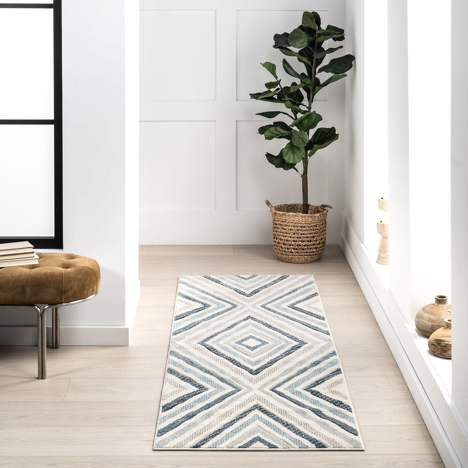 Blue Chevron Pattern Stain-Resistant Runner Rug