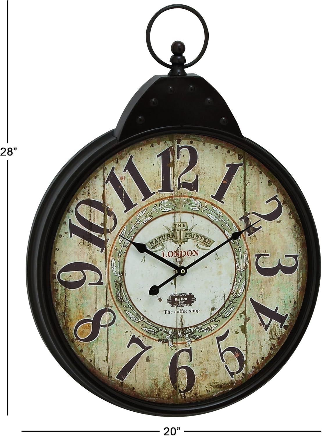 DecMode 20" Black Metal Finial Distressed Pocket Watch Inspired Wall Clock with Beige Clockface