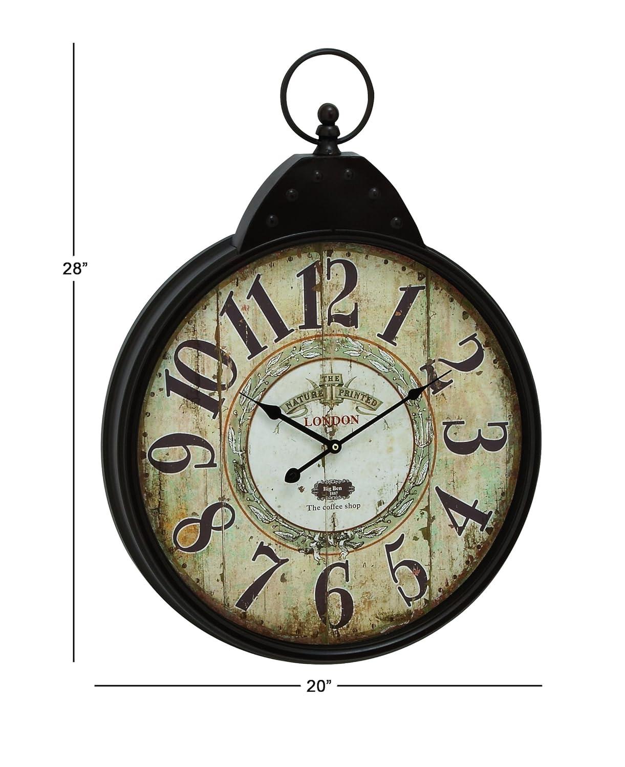 DecMode 20" Black Metal Finial Distressed Pocket Watch Inspired Wall Clock with Beige Clockface