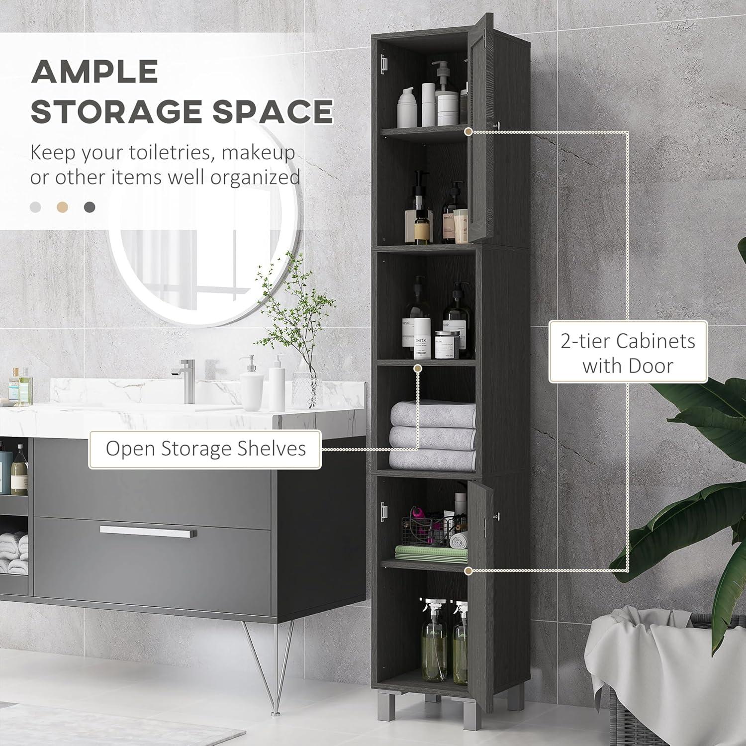kleankin Tall Bathroom Storage Cabinet with Mirror, Wooden Freestanding Tower Cabinet with Adjustable Shelves for Bathroom or Living Room, Gray