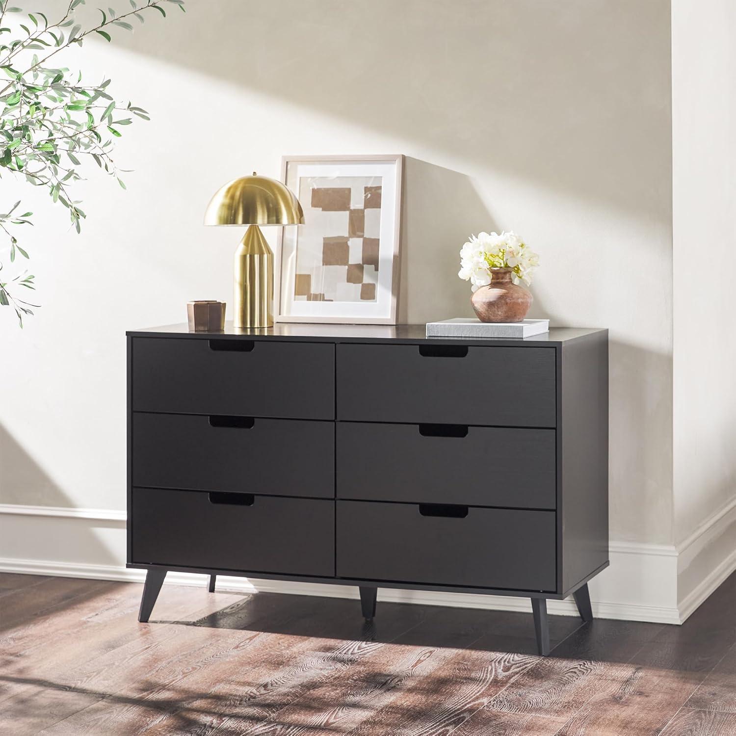 Walker Edison Simple Wood 6 Drawer Dresser with Cut Out Handles - Black