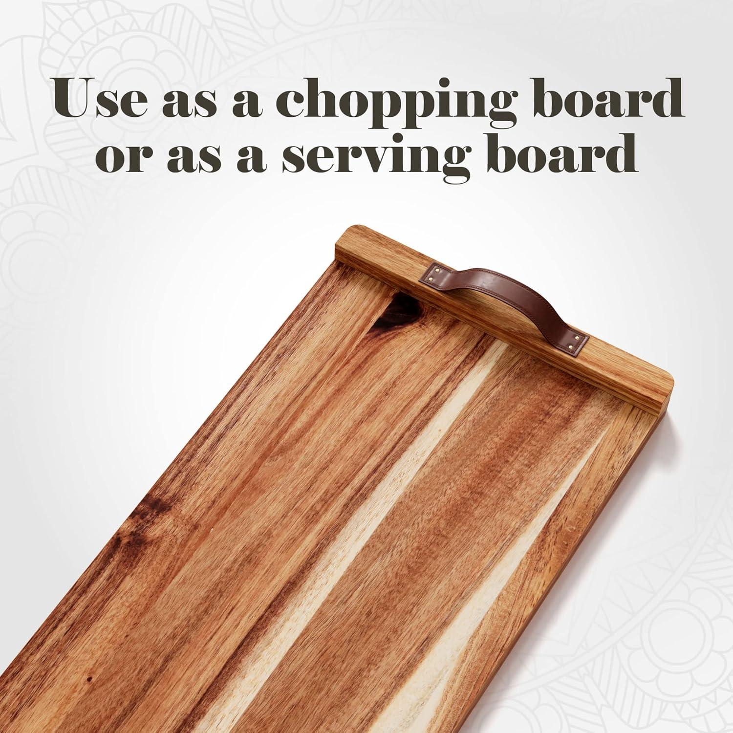 American Atelier Acacia Wood Rectangular Tray with Leather Handles, Serving Platters, Wooden Board for Cheese, Meats, Snack or Charcuterie, 18” x 9”