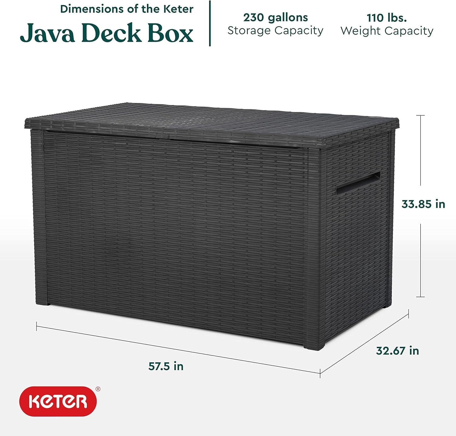 Keter Java XXL 230 Gallon Resin Rattan Look Large Outdoor Storage Deck Box for Patio Furniture Cushions, Pool Toys, and Garden Tools, Grey