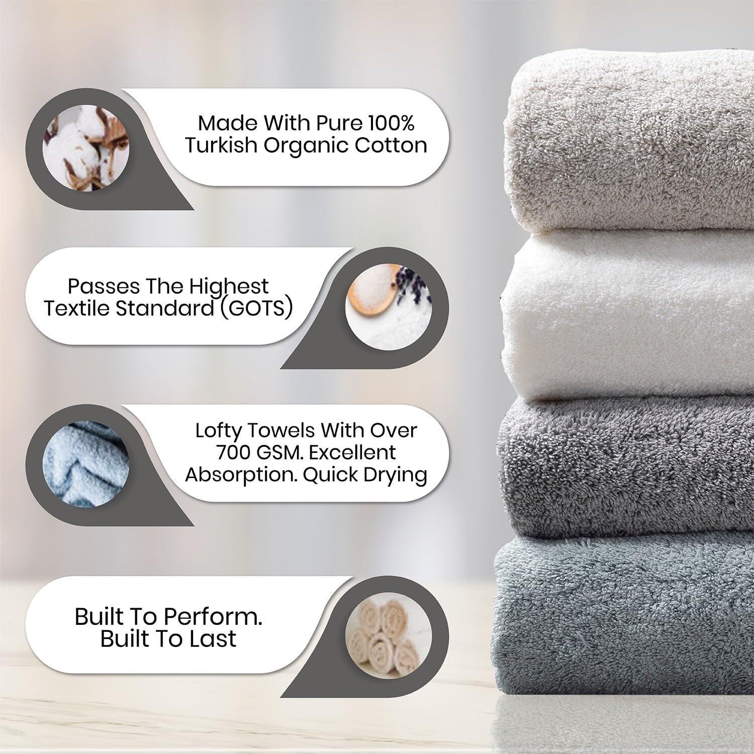 Delilah Home 100% Organic Cotton Towels, 6 piece set (2pcs 13x13,  2pcs 16x30, 2 pcs 30x54)