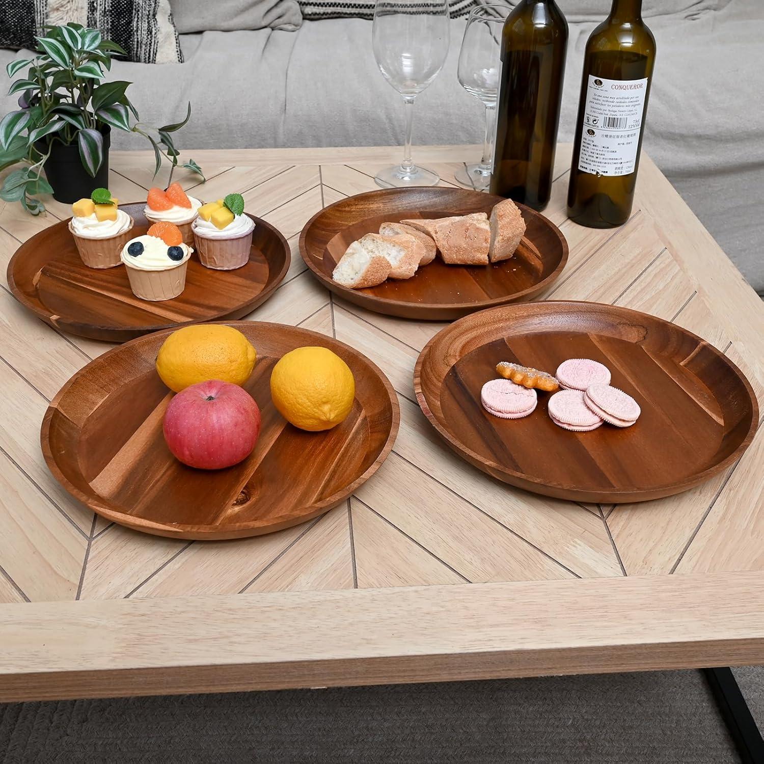 11 in Acacia Wooden Dinner Plate Set (Set of 4)