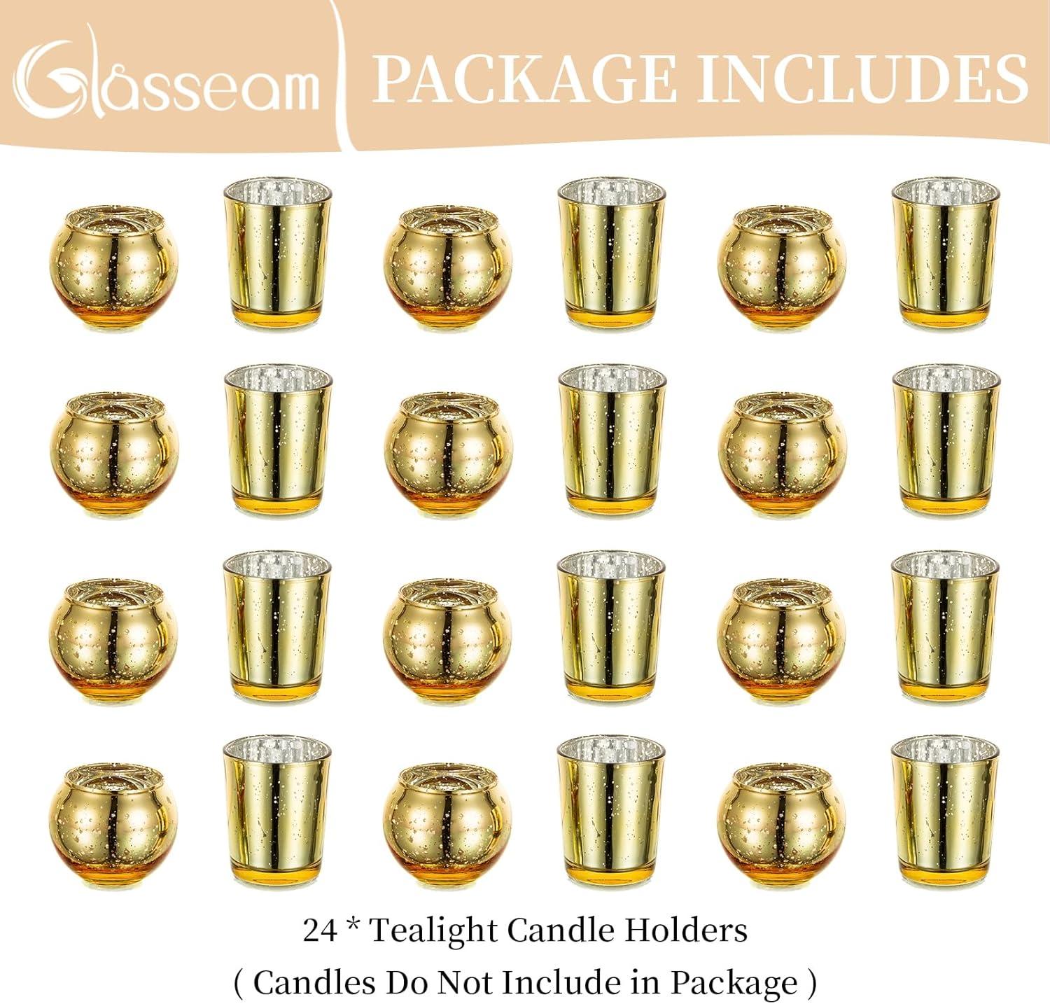 Glasseam Gold Votive Candle Holders, Tea Light Candle Holder Bulk 24, Small Mercury Glass Candle Holder for Mini Floating Candles, Glitter Tealight Candle Holders for Dining Table Christmas Decor