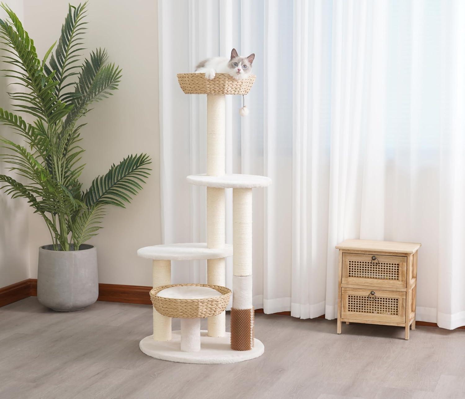 PetPals 49" Handwoven Cat Tree with Baskets and Rubber Groomer