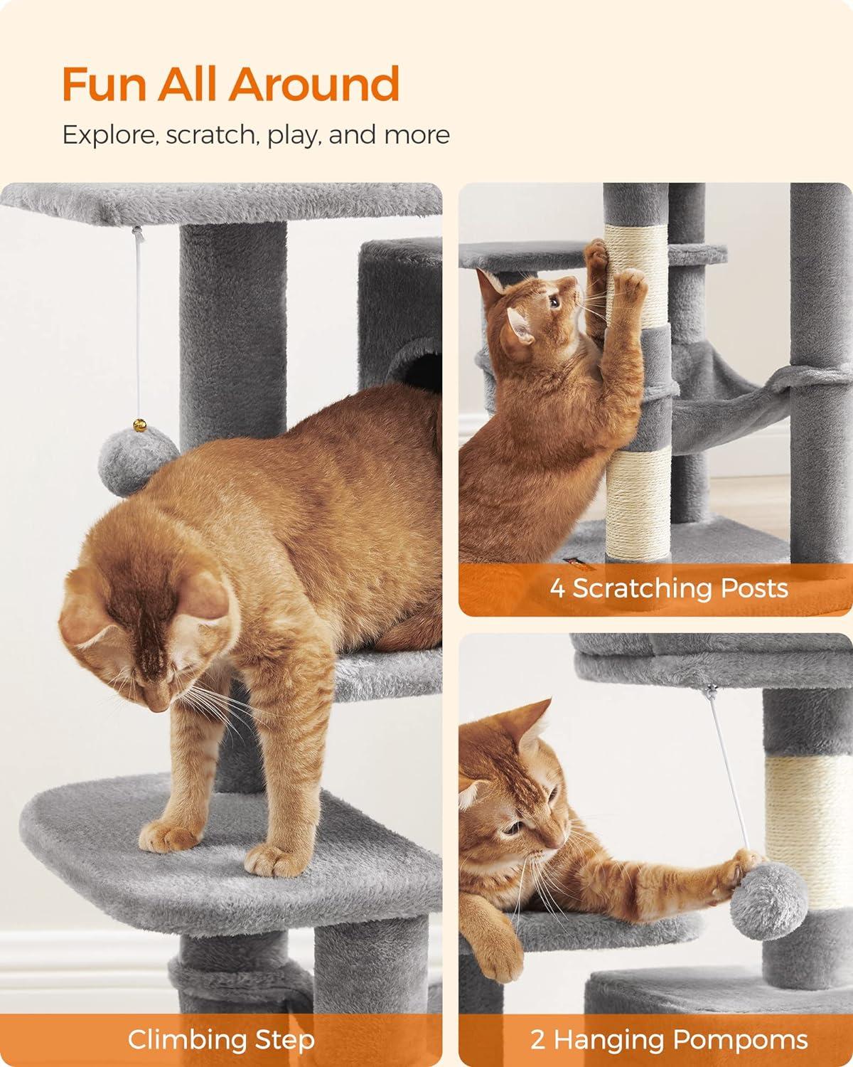 Cat Tree, 44.1" Cat Tower for Indoor Cats, Multi-Level Cat Condo with 4 Scratching Posts, 2 Perches, Hammock, Cave, Light Gray