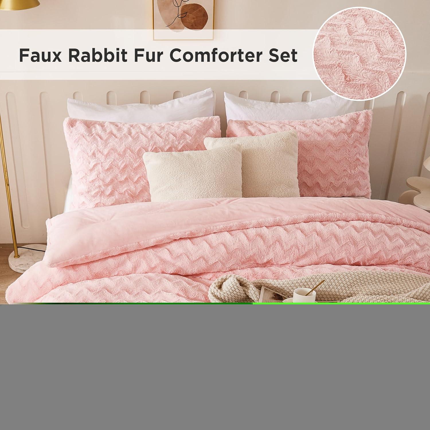 Andency Pink Faux Fur Comforter Set Full, 3 Pieces Fleece Fuzzy Shaggy Plush Sherpa Bedding Set for Women Girls, Fluffy Soft Warm Bed Set for Winter