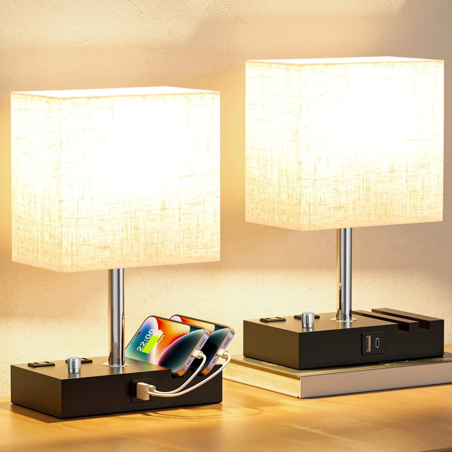 Beige Dimmable Table Lamps with USB Ports and Phone Stands, Set of 2