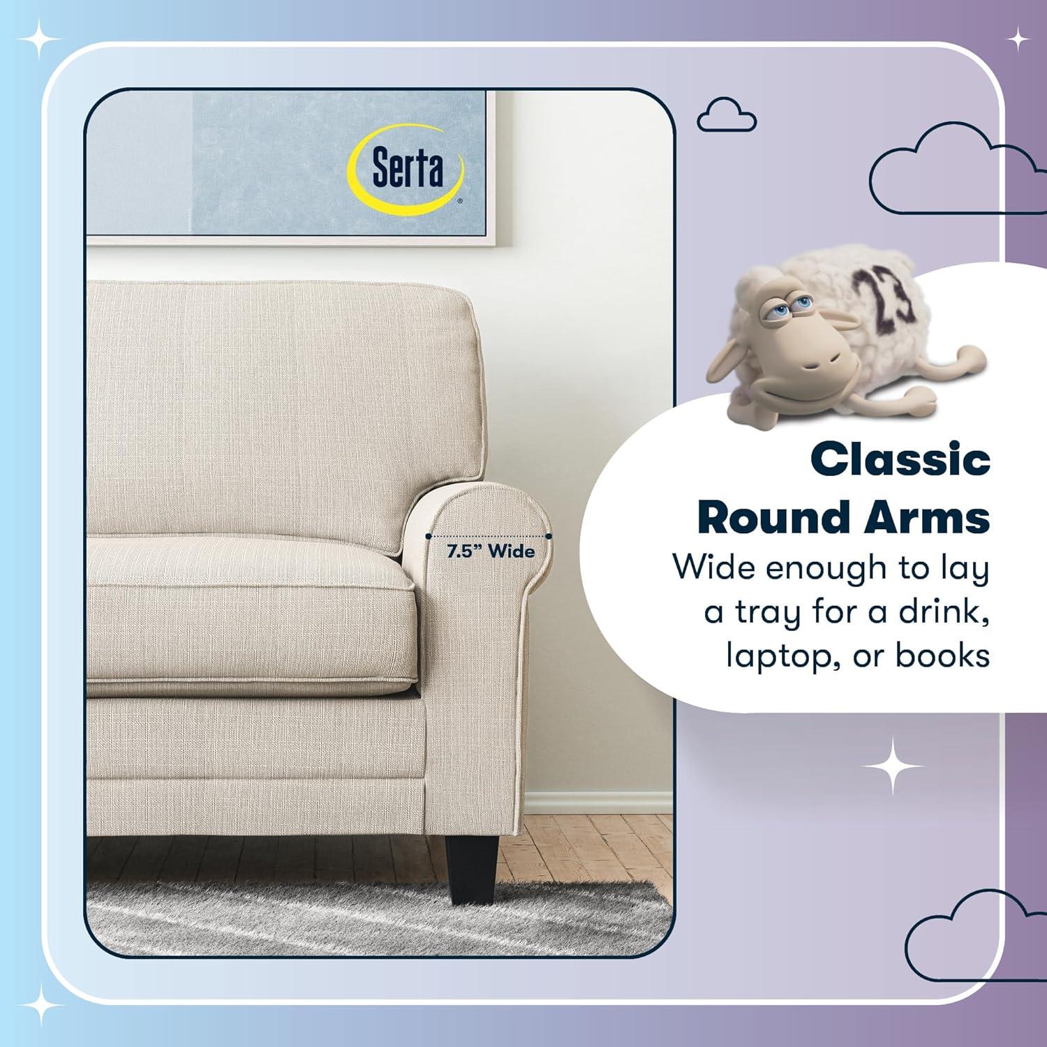 Serta Copenhagen 61" Rolled Arm Sofa, Easy Care Fabric, Soft Pillow Back, Pocket Coil Seat Cushions