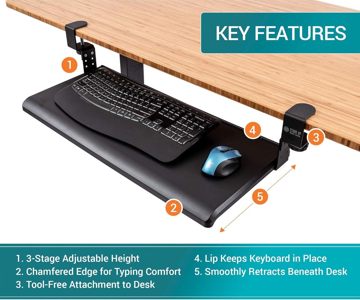 Stand Up Desk Store Large Clamp-On Retractable Adjustable Height Under Desk Keyboard Tray | for Desks Up to 1.5" (Large, 33" Wide)