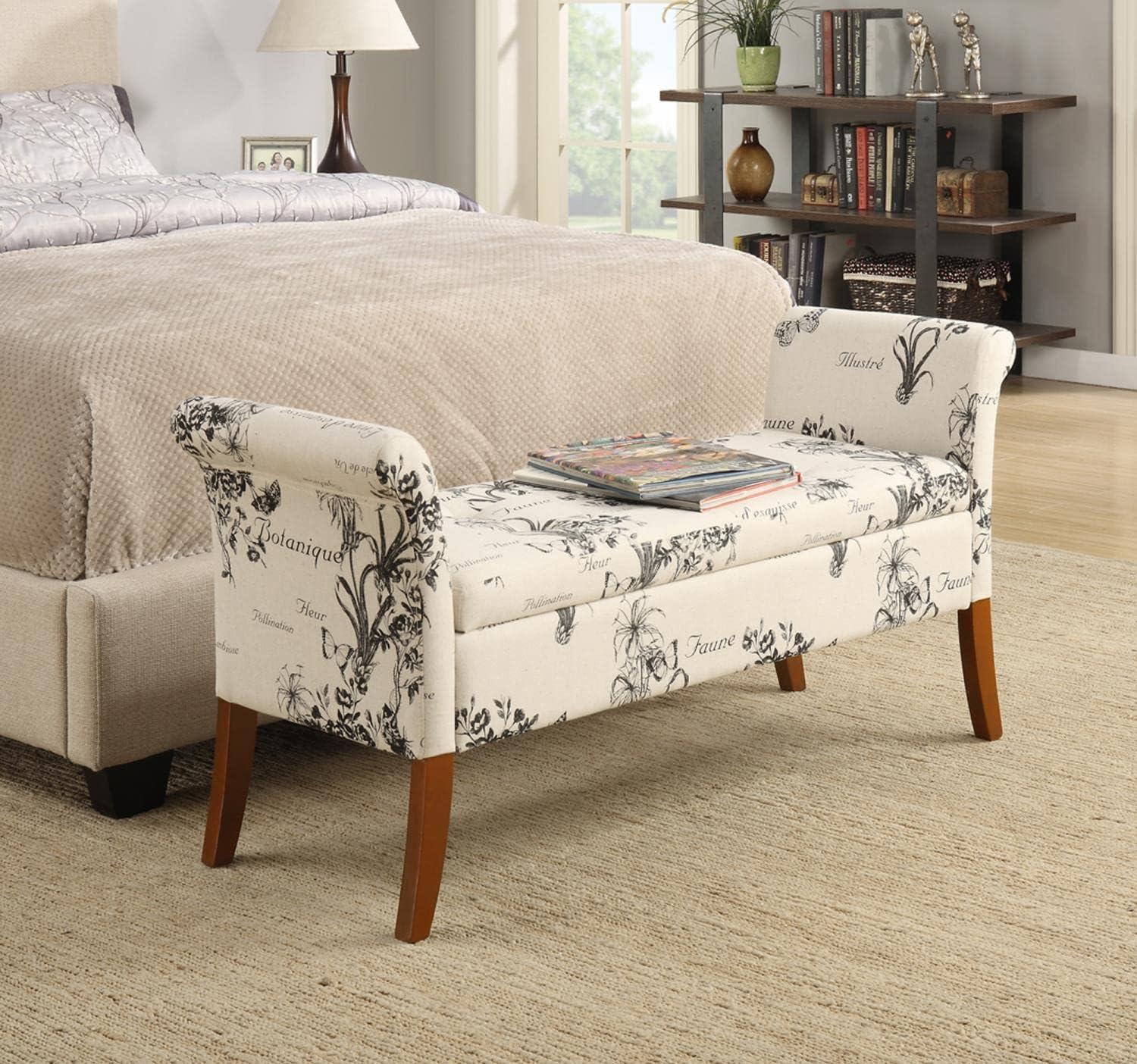 Beige Botanical Fabric Tufted Storage Bench with Rolled Armrests