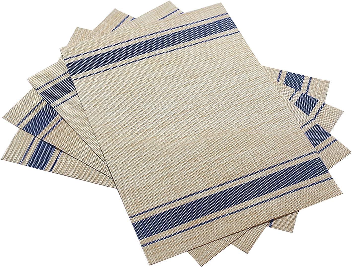 Table Mats Set of 6 Crossweave Woven Vinyl Placemats Heat Resistant Non-Slip Kitchen Placemats for Dining Table Washable Easy to Clean(Blue)