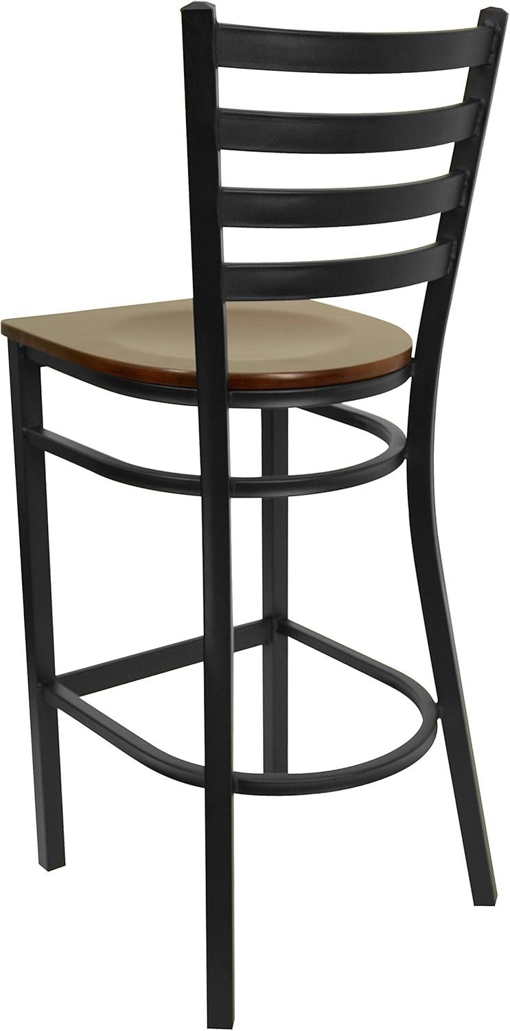 Flash Furniture HERCULES Series Black Ladder Back Metal Restaurant Barstool - Mahogany Wood Seat