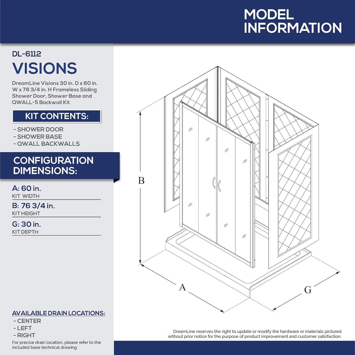 Visions 60" x 30" x 76.75" Sliding Frameless Shower Door