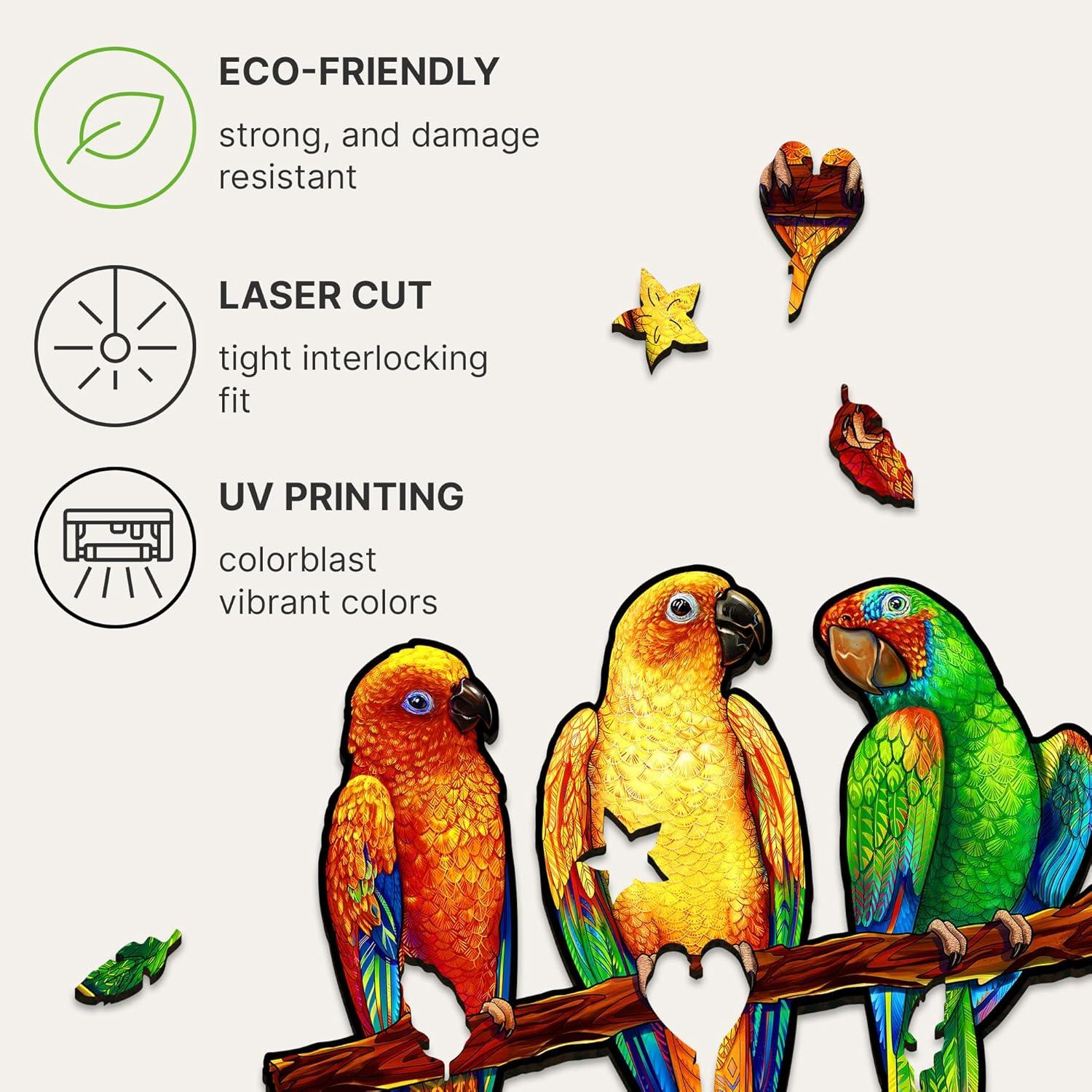 UNIDRAGON Original Wooden Jigsaw Puzzles - Playful Parrots, 104 pcs, Small 13"x7.5", Beautiful Gift Package, Unique Shape Best Gift for Adults and Kids