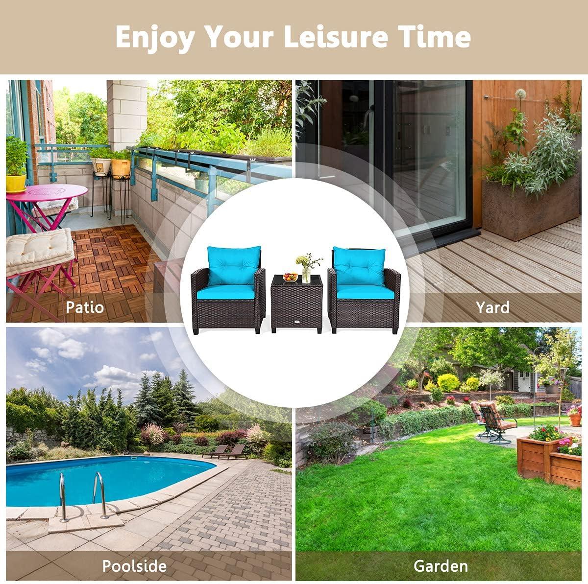 Giantex 3 Pieces Patio Furniture Set, PE Rattan Wicker 3 Pcs Outdoor Sofa Set w/Washable Cushion and Tempered Glass Tabletop, Conversation Furniture for Garden Poolside Balcony (Turquosize)