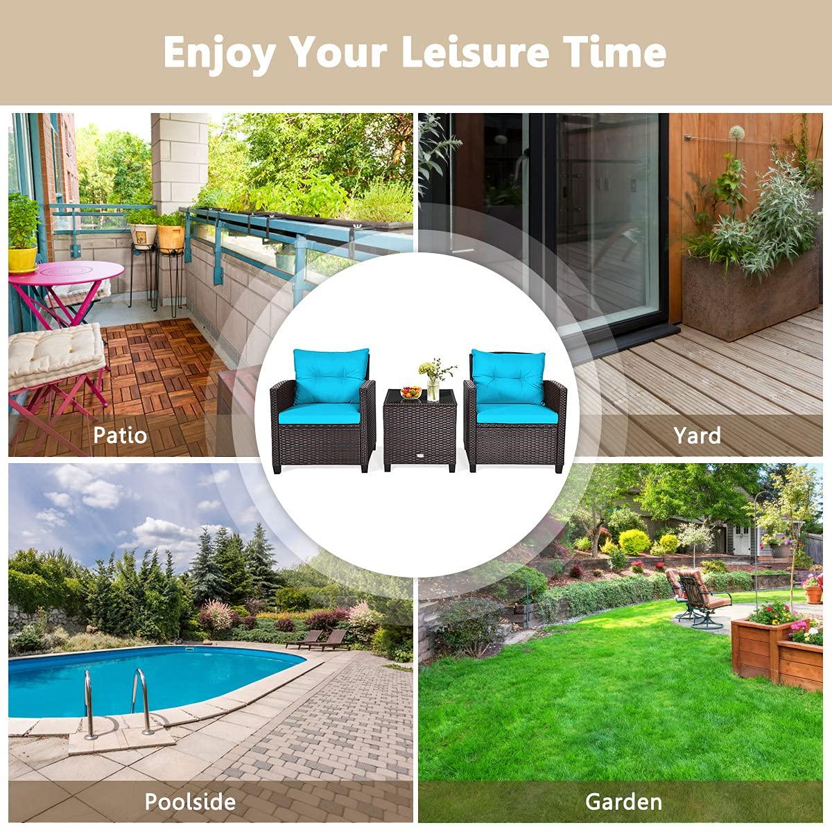 Giantex 3 Pieces Patio Furniture Set, PE Rattan Wicker 3 Pcs Outdoor Sofa Set w/Washable Cushion and Tempered Glass Tabletop, Conversation Furniture for Garden Poolside Balcony (Turquosize)