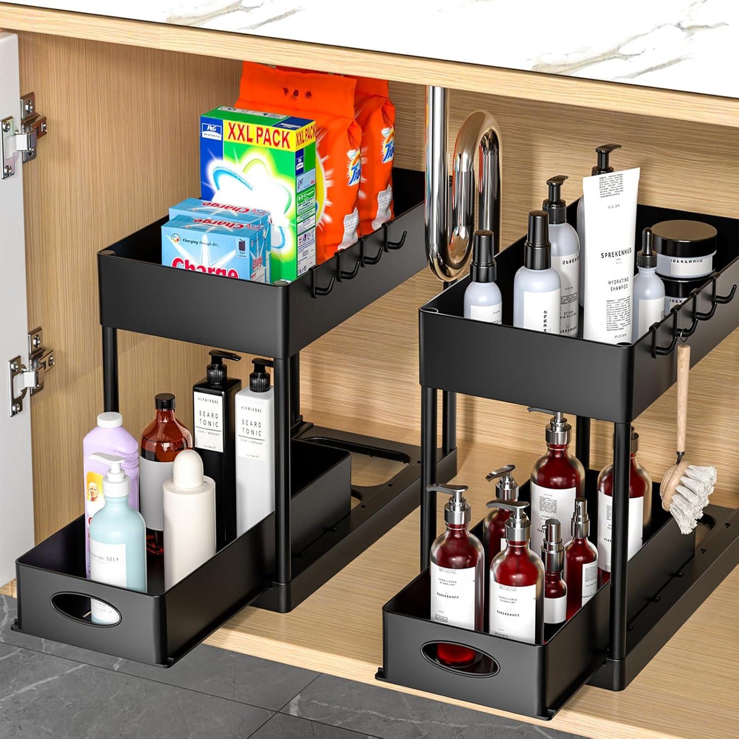 PUILUO Under Sliding Cabinet Basket Organizer, 2 Tier Under Sink Organizers Black Under Sink Storage for Bathroom Kitchen