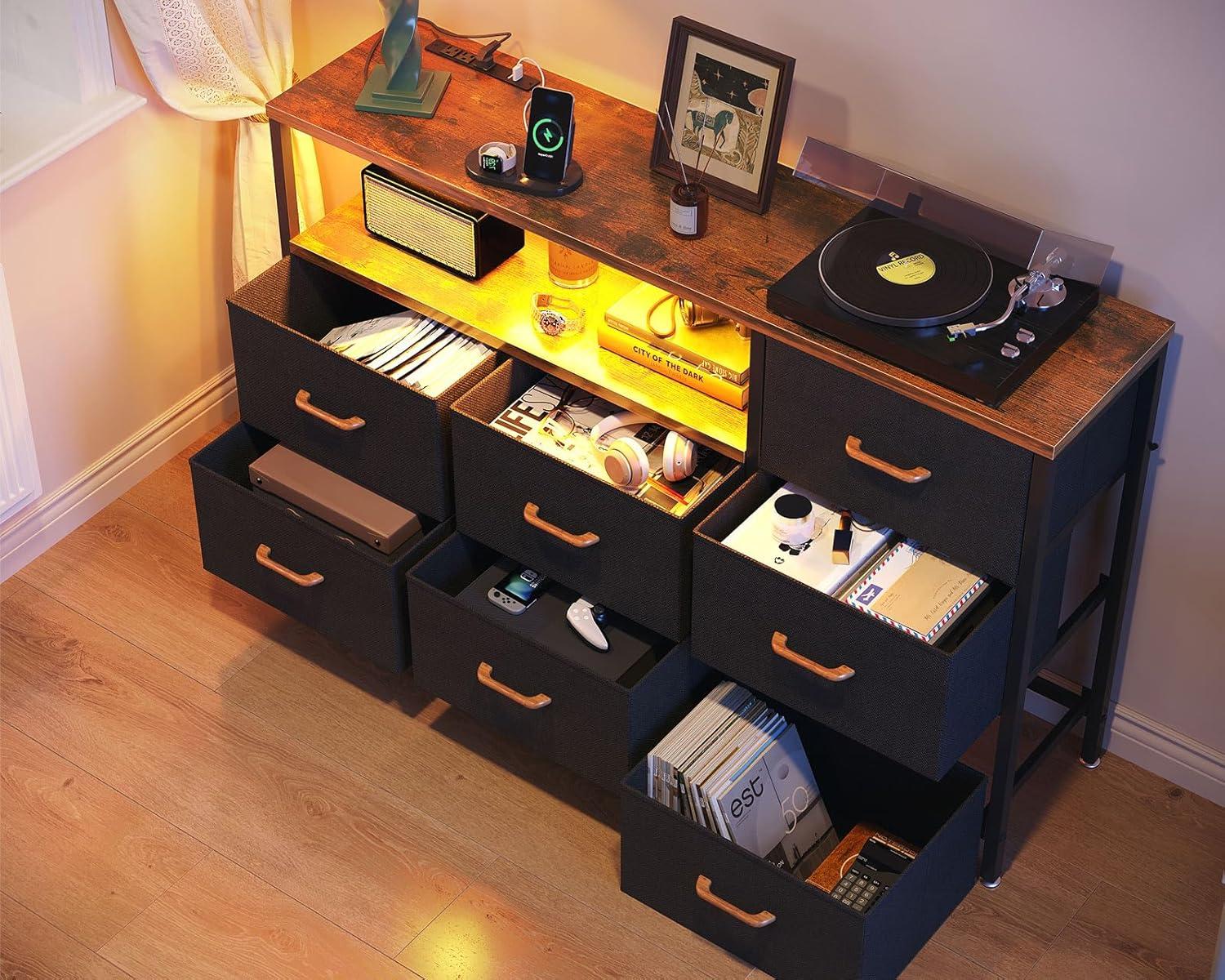 52-Inch Black and Brown Alloy Steel Dresser with LED Lights and Charging Station