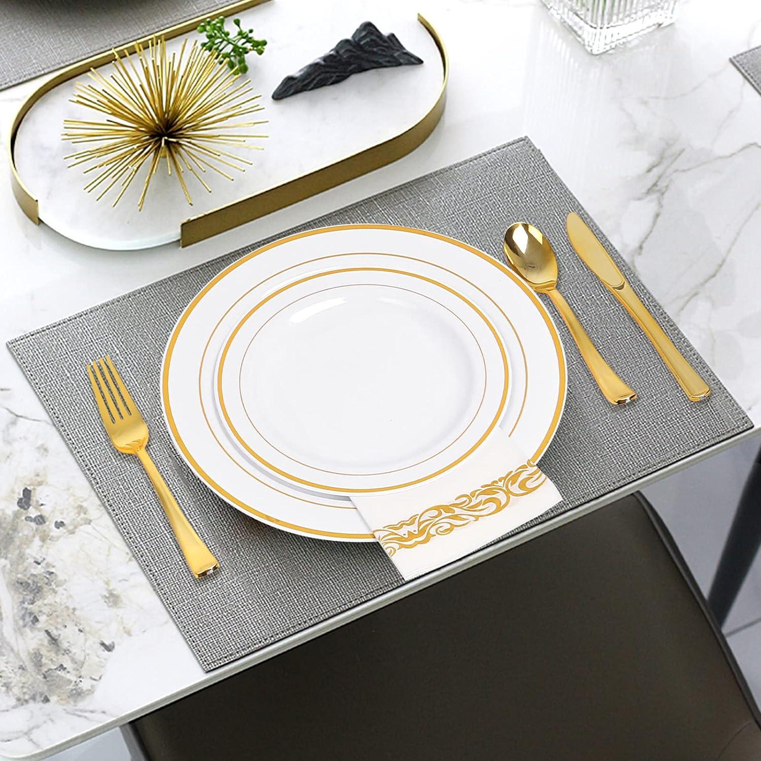 FOCUSLINE 350 Piece Gold Rim Dinnerware Set, Disposable Plastic Plates for Party or Wedding-100 Plastic Plates-50 Plastic Silverware-50 Plastic Cups-50 Linen Feel Napkins(50 Guest)