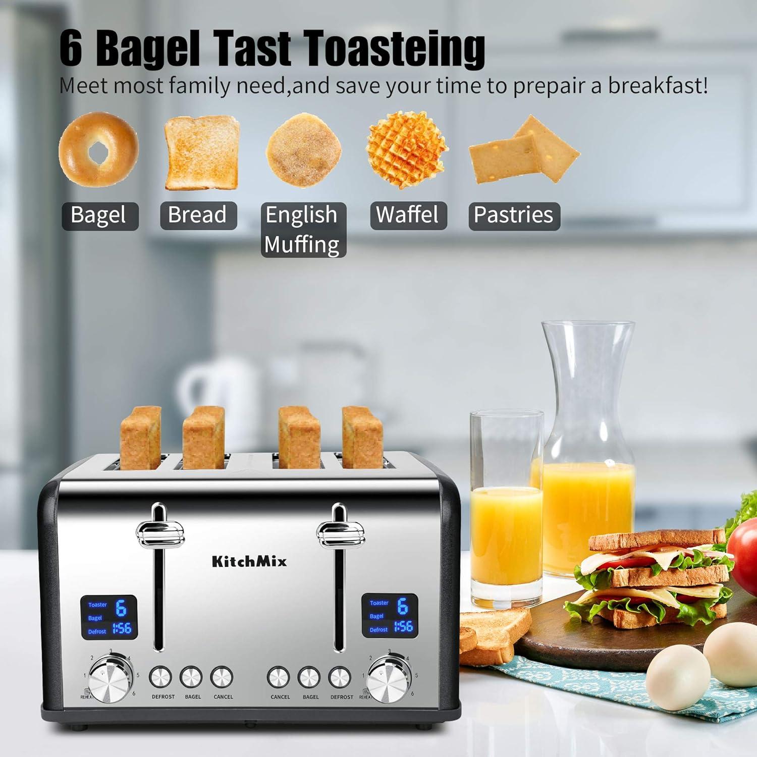Modern Stainless Steel 4-Slice Toaster with LCD Display and Wide Slots