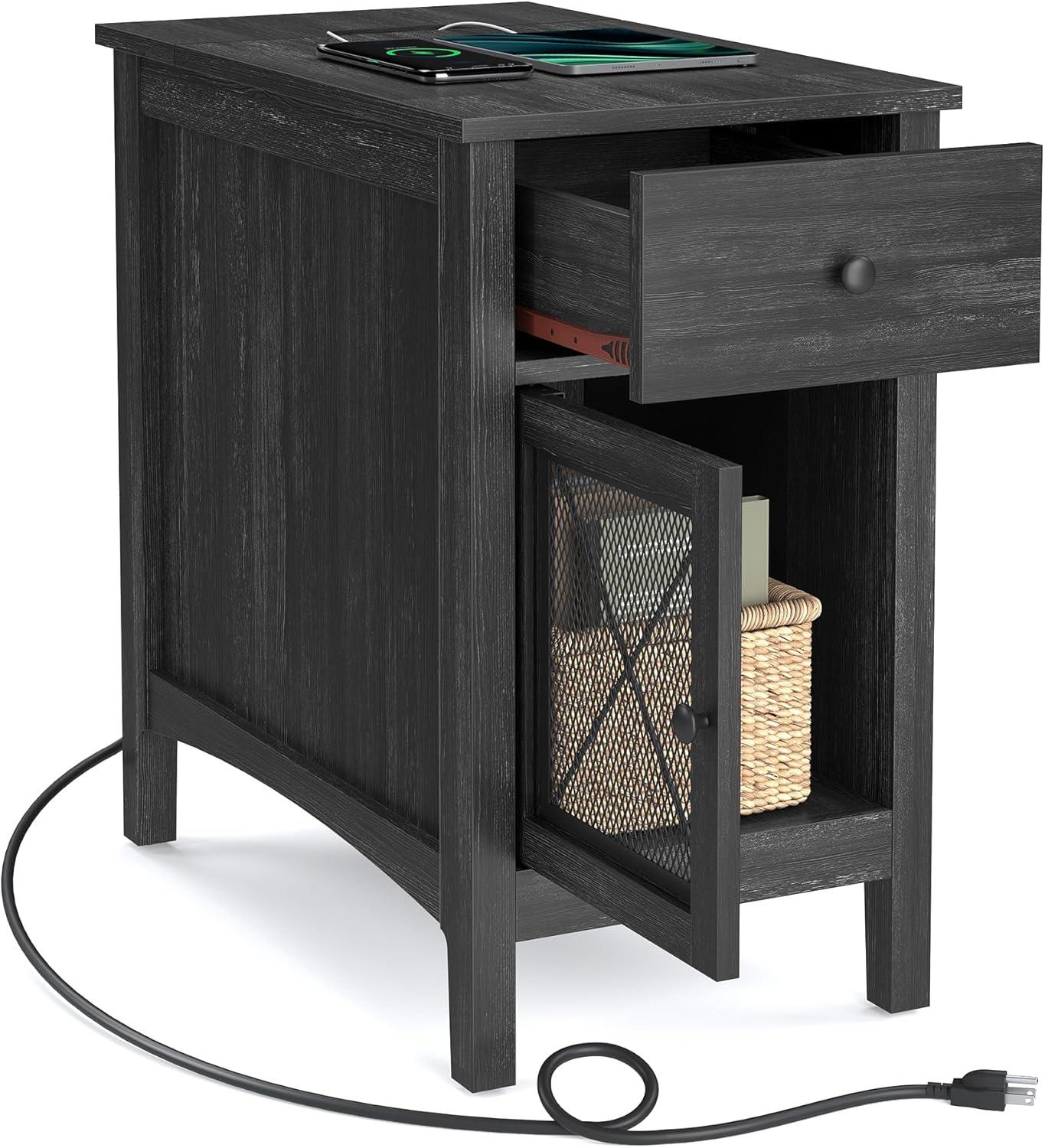 Charcoal Gray MDF Side Table with Storage and Charging Station