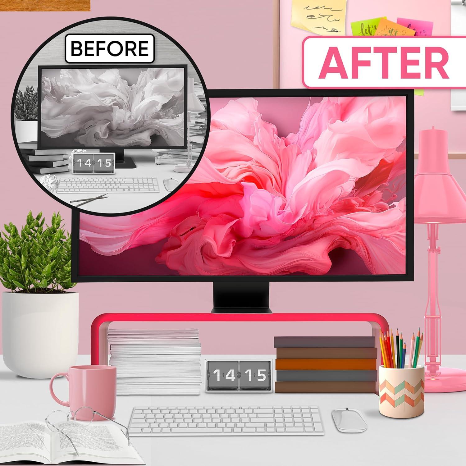 NovaMode Acrylic Monitor Stand - Ergonomic Desk Riser for Better Posture, Stylish & Modern Desktop Organizer, Computer Desk Stand for Monitors & Laptop - Bright Pink