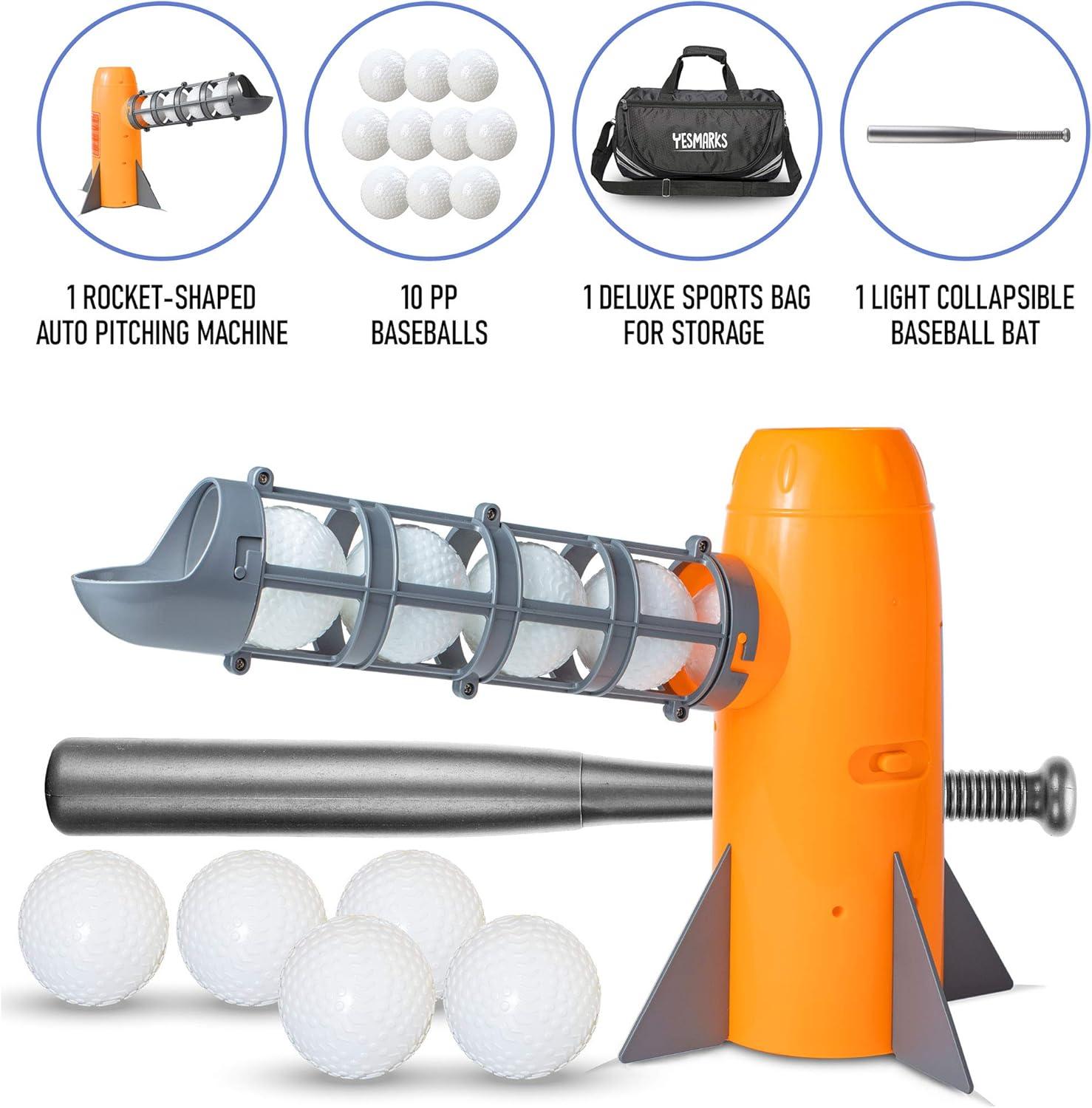 Kids Auto Baseball Pitching Machine Outdoor Toy Set - Training Equipment & Batting Practice Toys for Youth, Includes 10 Baseballs, Baseball Bat and Sports Bag