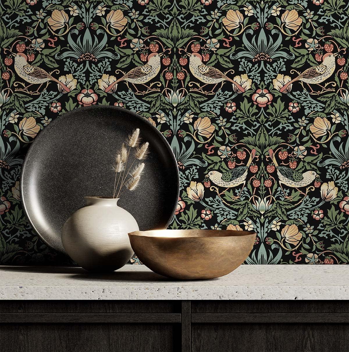 NextWall Aves Garden Peel and Stick Wallpaper Black: Whimsical Vintage Bird & Floral Design, Repositionable, Washable