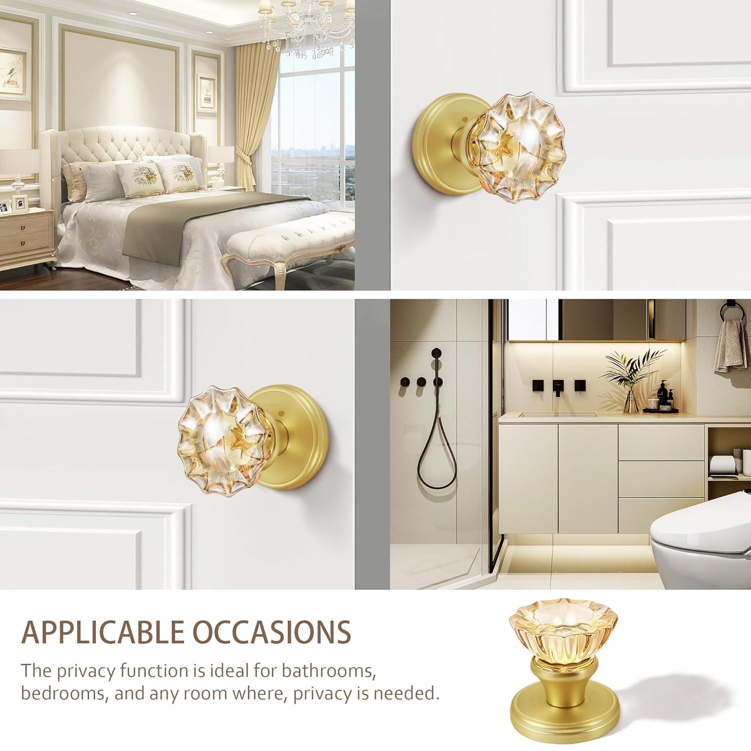 Champagne Glass Door Knobs,Privacy Crystal Door Knobs Interior Satin Brass/Brushed Gold Door Knob with Lock