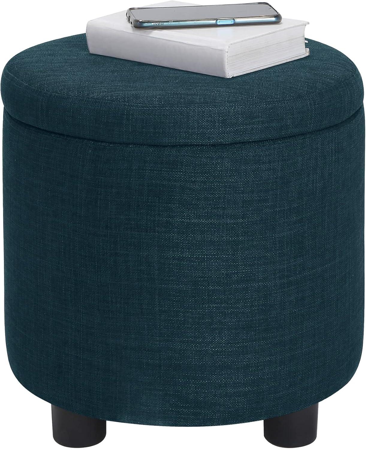 Designs4Comfort Round Accent Storage Ottoman with Reversible Tray Lid, Dark Blue Fabric