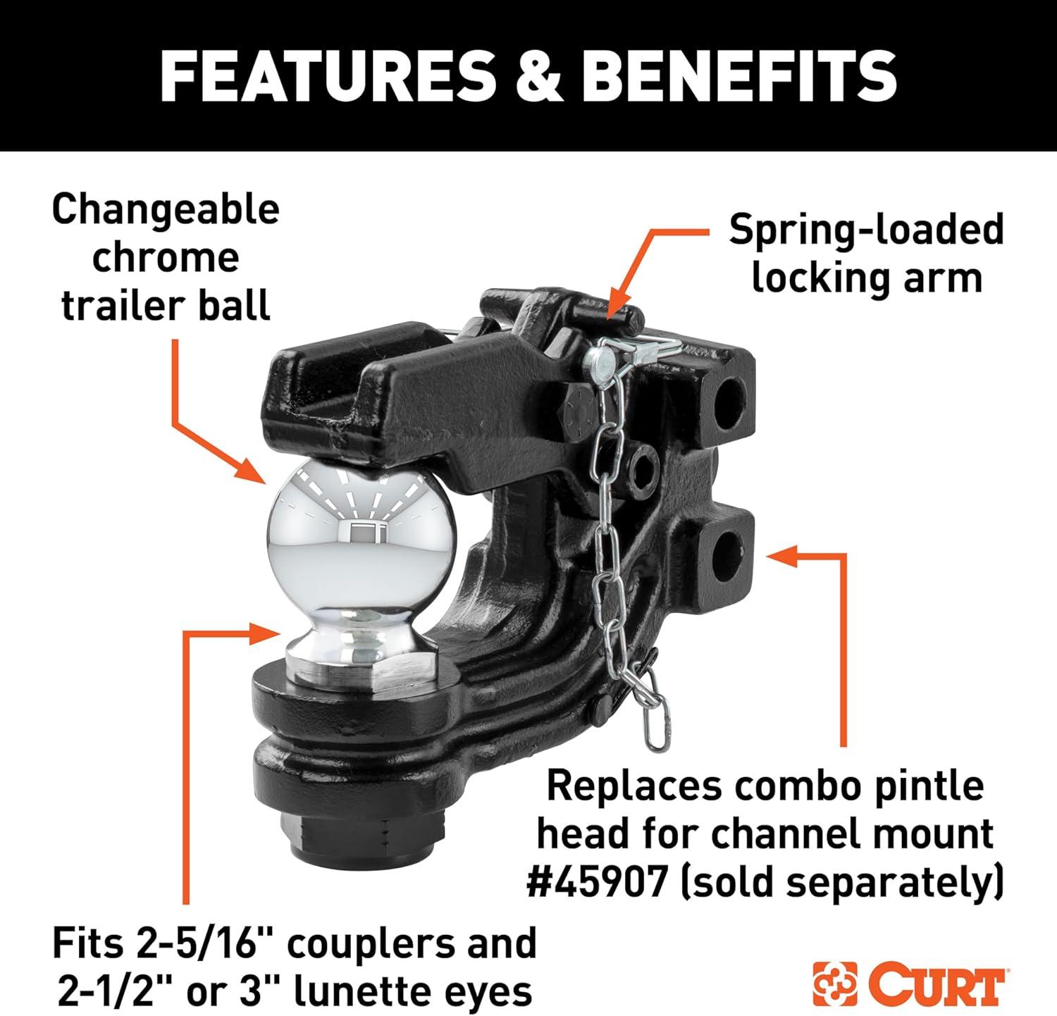 CURT 45920 Channel Mount Pintle Attachment with 2-5/16-Inch Ball, 13,000 lbs, Shank Required